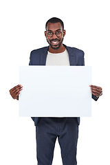 Image showing Portrait, happy worker and poster mockup for marketing paper space, advertising mock up and promotion. Banner, blank and billboard sign for smile, businessman or designer on isolated white background