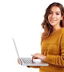 Image showing Woman, laptop and studio portrait for typing, communication or coding by white background. Isolated model, mobile computer and smile for web networking, programming or email with online connection