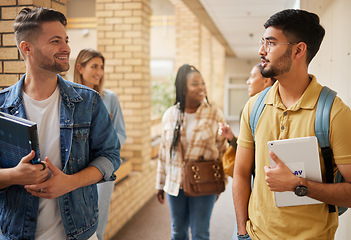 Image showing University, school and education students, people or group walking to class in campus community and diversity. Social, talking and friends with learning advice, research ideas and happy college life