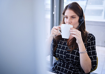 Image showing Call center, coffee and person thinking of sales, telemarketing or crm strategy on her computer. Telecom, online financial advisor or virtual support agent, consultant or woman drinking tea for ideas