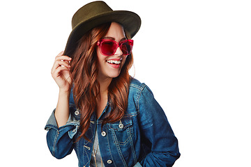 Image showing Excited, youth and trendy fashion model with gen z style and funky sunglasses with happy smile. Happiness, cool and young fashionista girl with shades on isolated studio white background.