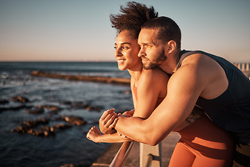 Image showing Couple hug with sunset at beach, outdoor with love and care in nature, exercise with sea view mockup. Black woman, man and relationship with commitment, fitness together and happy people are content