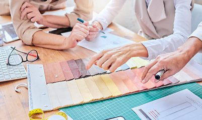 Image showing Planning, fabric choice and fashion hands in creative project, collaboration and textile design. Startup, development and studio, workshop or manufacturing people ideas, art vision and color palette