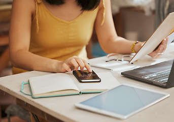 Image showing Notes, business woman and phone with hands or computer work of an remote employee typing. Online planning, internet research and pc writing of a female freelancer on a mobile checking staff numbers