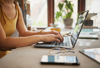 Image showing Typing, woman hands and laptop work of a remote employee with a staff schedule. Online research, internet and writing of a female freelancer working on digital planning strategy on computer keyboard