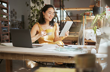 Image showing Thinking, relax and tablet with of asian woman on coffee break in startup for management, planning and research. Idea, vision and creative with small business owner for branding, agenda or web design