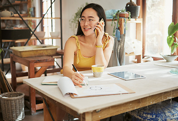 Image showing Phone call, illustration and Asian woman for creative startup in planning, conversation and talking to client. Communication, network and girl with graphic design, drawing and notebook for business