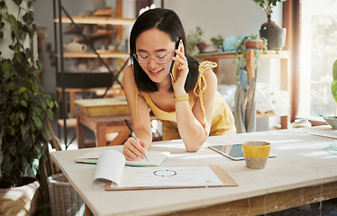 Image showing Phone call, notebook and Asian woman for creative startup in planning, online conversation and talking. Communication, networking and girl with paperwork, illustration and design for art business