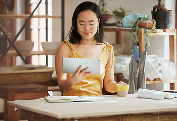 Image showing Thinking, relax and tablet with of asian woman on coffee break in startup for management, planning and research. Idea, vision and creative with small business owner for branding, agenda or web design