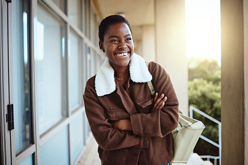 Image showing University, education student and black woman with arms crossed in campus ready for learning, studying or knowledge. College, scholarship and happy female thinking or contemplating goals or targets.