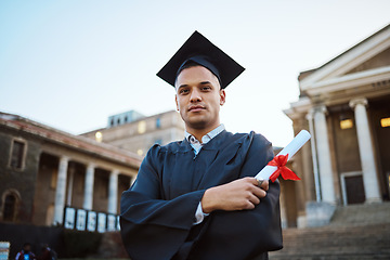 Image showing Student graduation, portrait and man with certificate, diploma or degree. University education, college and proud male graduate from Brazil with arms crossed and academic document for learning goals.