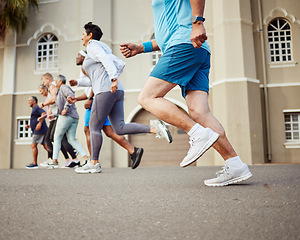 Image showing Fitness, senior or people running in a marathon race or cardio exercise challenge on city street road for wellness. Sports community, workout or healthy elderly runners training as a retirement group