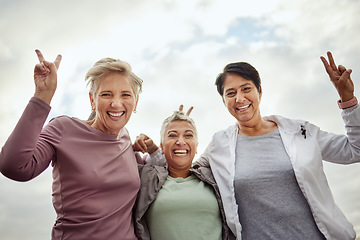 Image showing Senior, friends and portrait of women after workout posing for picture excited by exercise or fitness training. Peace sign, gesture and old people happy and laughing in support of wellness