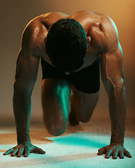 Image showing Fitness neon, exercise push up and man in studio isolated on brown background. Sports, wellness and male model or bodybuilder exercising, workout or training pushup for heath, body care and strength