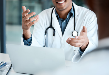 Image showing Healthcare, stethoscope and hands of doctor with laptop talking to patient for diagnosis, medical results and report. Insurance, clinic and hospital worker with computer consulting with patient