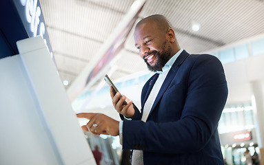 Image showing Check in, email and black man with a phone for travel information, communication and connection. Contact, happy and businessman typing on a machine with an app on a mobile at the airport for a trip