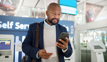 Image showing Travel, email and black man with phone and ticket for information, communication and airport passport. Chat, connection and African traveler reading conversation on a mobile while on a trip for work
