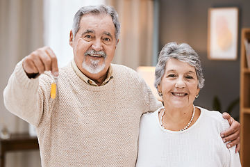 Image showing Real estate keys, senior couple and portrait of new home owner happy with apartment, house or property investment. Retirement love, mortgage and elderly marriage people smile for estate purchase sale