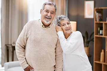 Image showing Love, portrait or old couple hug in house living room enjoying quality bonding time in happy marriage commitment. Trust, support or elderly woman in romantic partnership with an old man in retirement