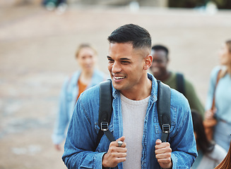 Image showing Laughing man, walking or students on university campus, college or school with scholarship, learning or study goals. Smile, happy people or education friends with diploma innovation or degree ideas