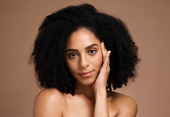 Image showing Skincare, facial and portrait of black woman on brown background for wellness, healthy and glowing skin. Dermatology, makeup and hands on girl face for cosmetics, beauty products and facial treatment