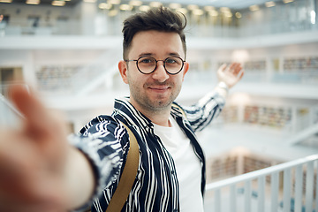 Image showing Library, student selfie and man in university, college or school. Education scholarship, learning and face portrait of young male taking a photo or picture for memory, social media or online profile.