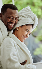 Image showing Love, wellness and relax with a black couple in a health spa or luxury resort for romance and dating. Vitality, rest and relaxation with a man and woman at a resort for a romantic weekend getaway