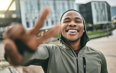 Image showing Fitness, selfie and portrait of a black man with peace sign in the city doing a cardio exercise. Happy, smile and real African guy taking picture while running for sports, race or marathon training.