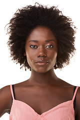 Image showing Face portrait, beauty and hair care of black woman in studio on a white background. Skincare cosmetics, makeup and young female model with beautiful afro hairstyle after salon treatment for growth.