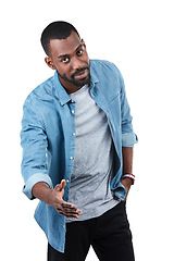 Image showing Fashion portrait, handshake and black man in studio isolated on white background. Thank you, greeting and male model shaking hands for deal, agreement or contract, onboarding or welcome introduction