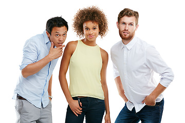 Image showing Diversity, people together and standing casual isolated in white background. Interracial models, comic friends and collaboration portrait for positive mindset, group success or support in studio