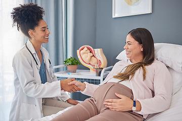 Image showing Pregnant patient, doctor and gynecologist hand shake for welcome, thank you and hello greeting Pregnancy maternity consultation, gynecology and woman for medical, baby healthcare or hospital support