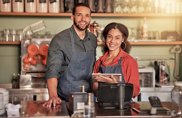 Image showing Portrait, cafe and barista couple with tablet ready to take orders in small business. Teamwork, diversity or man and woman, waiters or coffee shop owners in restaurant with technology to manage sales