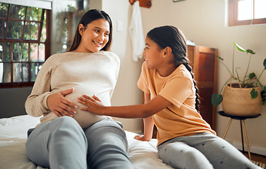 Image showing Happy, pregnant and mother with kid on bed for belly touch with excited, curious and joyful smile. Indian family and child waiting for baby sibling and bonding together with mom in home bedroom.