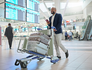 Image showing Airport, black man and luggage for travel, smile and business convention with ceo, walking and tourism. African male entrepreneur, corporate leader and employee with suitcases, happiness and commute