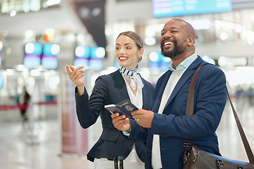 Image showing Woman, help or black man in an airport with a passport to travel asking for a gate agent for directions. Airplane, hospitality or friendly worker helping an African businessman with a happy smile