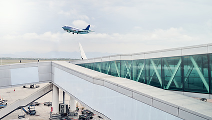 Image showing Airport, travel and airplane in sky in flight for takeoff, international and commercial transportation. Air transport, world and aeroplane leaving terminal to global destination, location and country