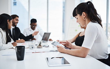 Image showing Woman, office and tablet at business meeting with analytics, planning and reading data with people. Corporate teamwork, mobile touchscreen tech or together for documents, finance or strategy