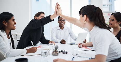 Image showing Business meeting, high five and teamwork success for target goals, report management and sales analysis in office. Team, hands celebrate and happiness for corporate achievement or growth motivation