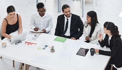 Image showing Business people, collaboration meeting and happy talking together in office for planning, sales presentation or financial management. Teamwork, conversation and tech data analysis for target goals