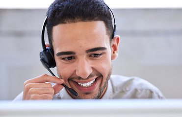 Image showing Face, call center and man, smile and phone call with client, CRM with contact us and network with happy consultant. Help, advice and headset with customer service, telemarketing and tech support job