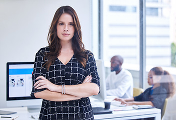 Image showing Business woman, focus portrait and leader success for goals management and corporate vision crossed arms in office. Female manager, serious face and leadership motivation or target growth mindset