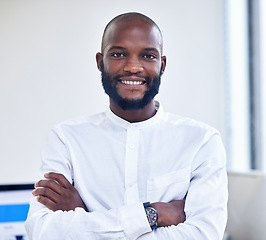 Image showing Black businessman, portrait and employee in an office smiling, happy and confident as a company leader. Manager, startup and corporate worker or entrepreneur at work excited by future
