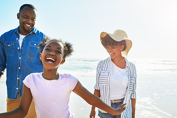 Image showing Relax, travel and happy with black family at beach for summer break, support and tropical vacation. Peace, smile and happiness with parents and daughter playing by the ocean for freedom, sea and care