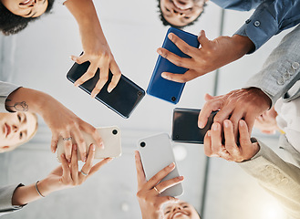 Image showing Business people diversity, hands or phone in circle for digital marketing schedule, brand advertising calendar or growth feedback app. Low angle men, women or creative designer on mobile technology