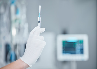 Image showing Hospital, healthcare and hand of doctor with syringe, needle or vaccine injection for covid 19, monkeypox or disease mockup. Medical support, mock up and clinic nurse with science innovation medicine