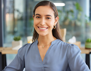 Image showing Happy, portrait or business woman in office building with career goals, success mindset or motivation and smiles with pride. Face, worker or hr manager with a mission, vision or leadership experience