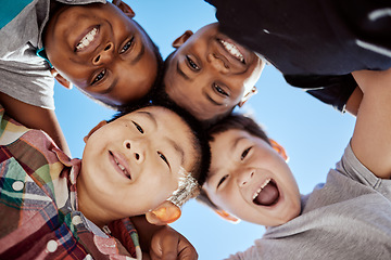 Image showing Children, face and happy with friends group, diversity and support with trust and together bonding outdoor. Team, community and boy kids smile with happiness, care and connection in friendship