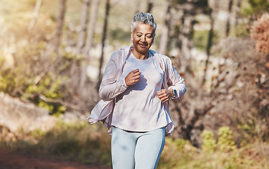 Image showing Fitness, runner or old woman running in nature training, exercise or cardio workout in New Zealand park. Happy, elderly or healthy senior person smiles with pride, body goals or motivation in summer