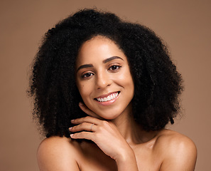 Image showing Skincare, beauty and portrait of black woman on brown background for wellness, healthy and glowing skin. Dermatology, makeup and hands on girl face for cosmetics, beauty products and facial treatment